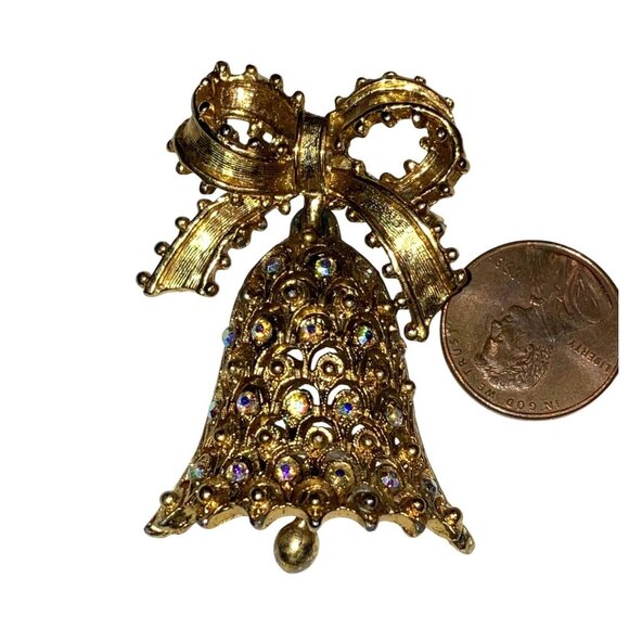 Tancer II Vintage Gold Tone Bell Brooch With Rhinestones & Bow - Picture 7 of 9